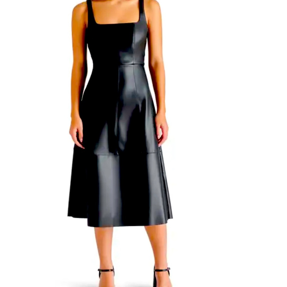Smooth faux-leather A-line silhouette of this contemporary midi dress.